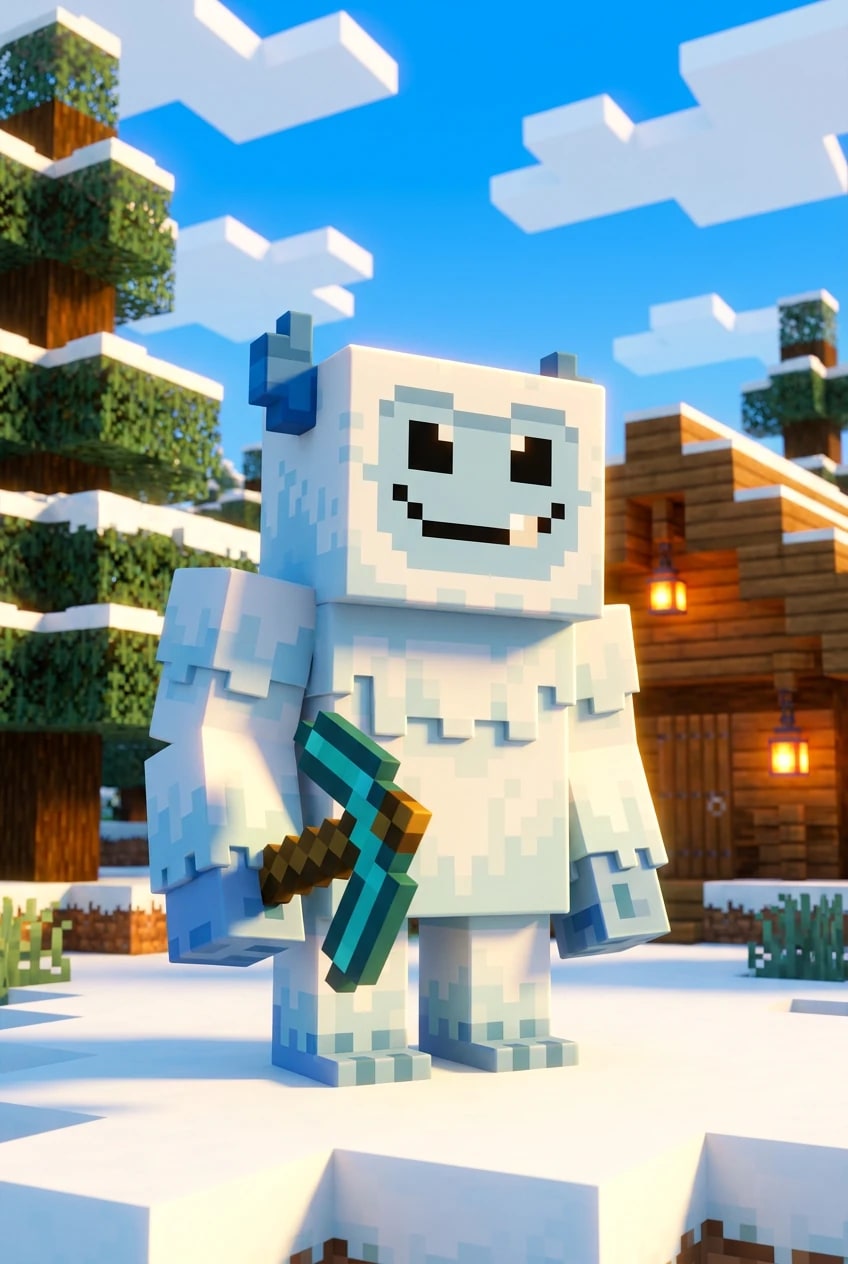 The Yeti Hosting mascot as a blocky Minecraft character with a diamond pickaxe, in a sunlit snowy village